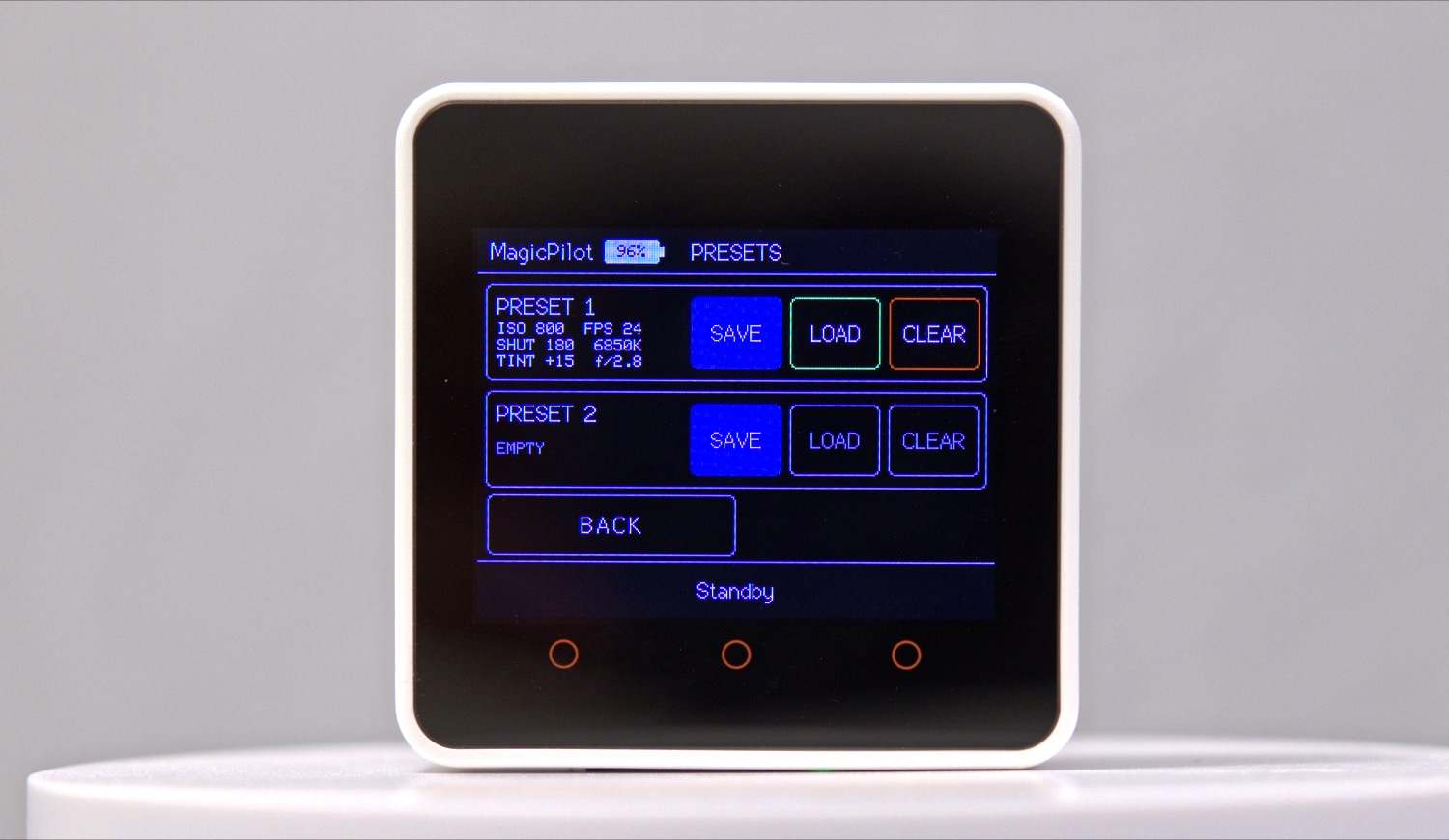 MagicPilot Remote presets screen with save, load and clear buttons for two Blackmagic camera presets